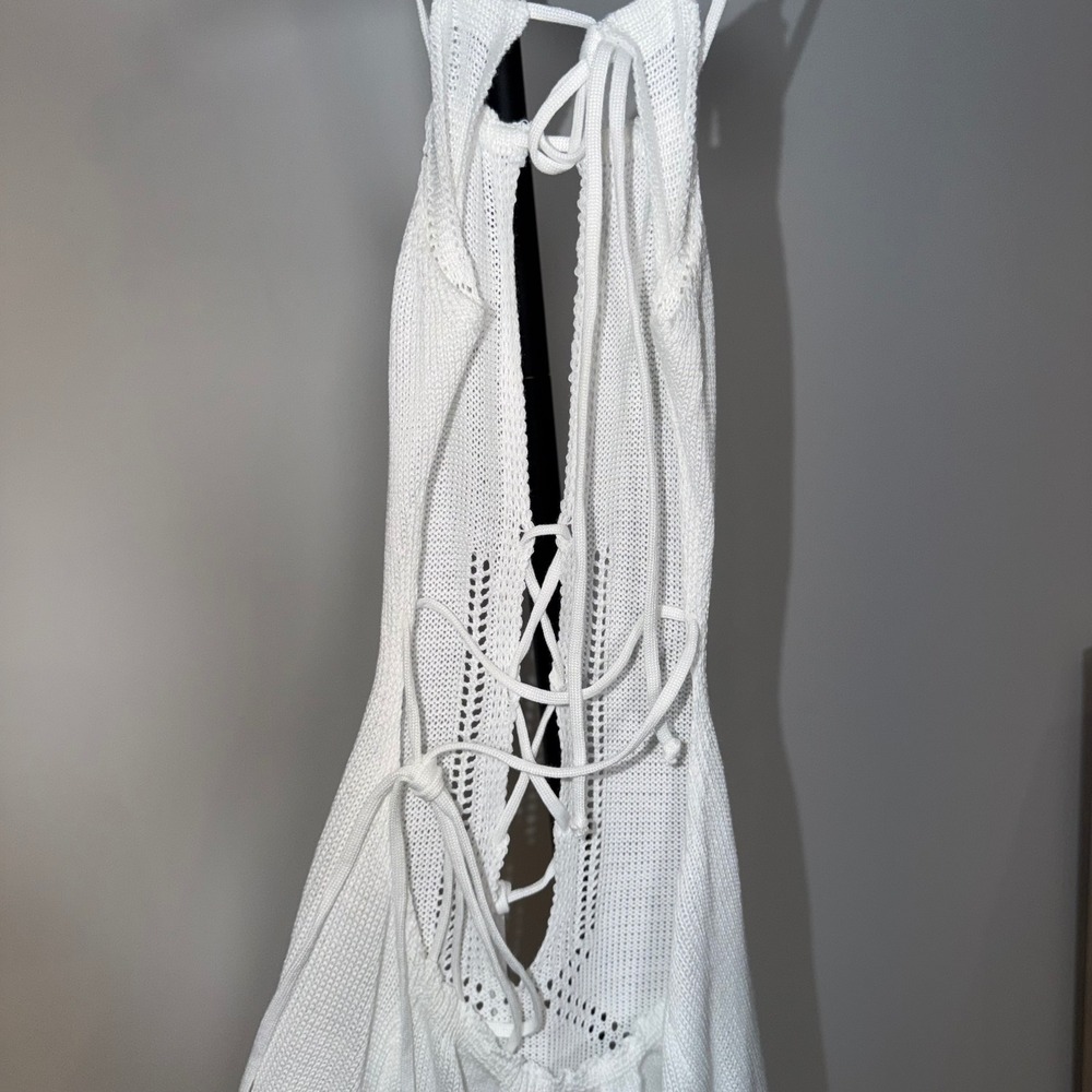 White Knit Lace Up Front Cut Out Maxi Dress Sexy Beach Cover Up Sleeveless M - Picture 4 of 8